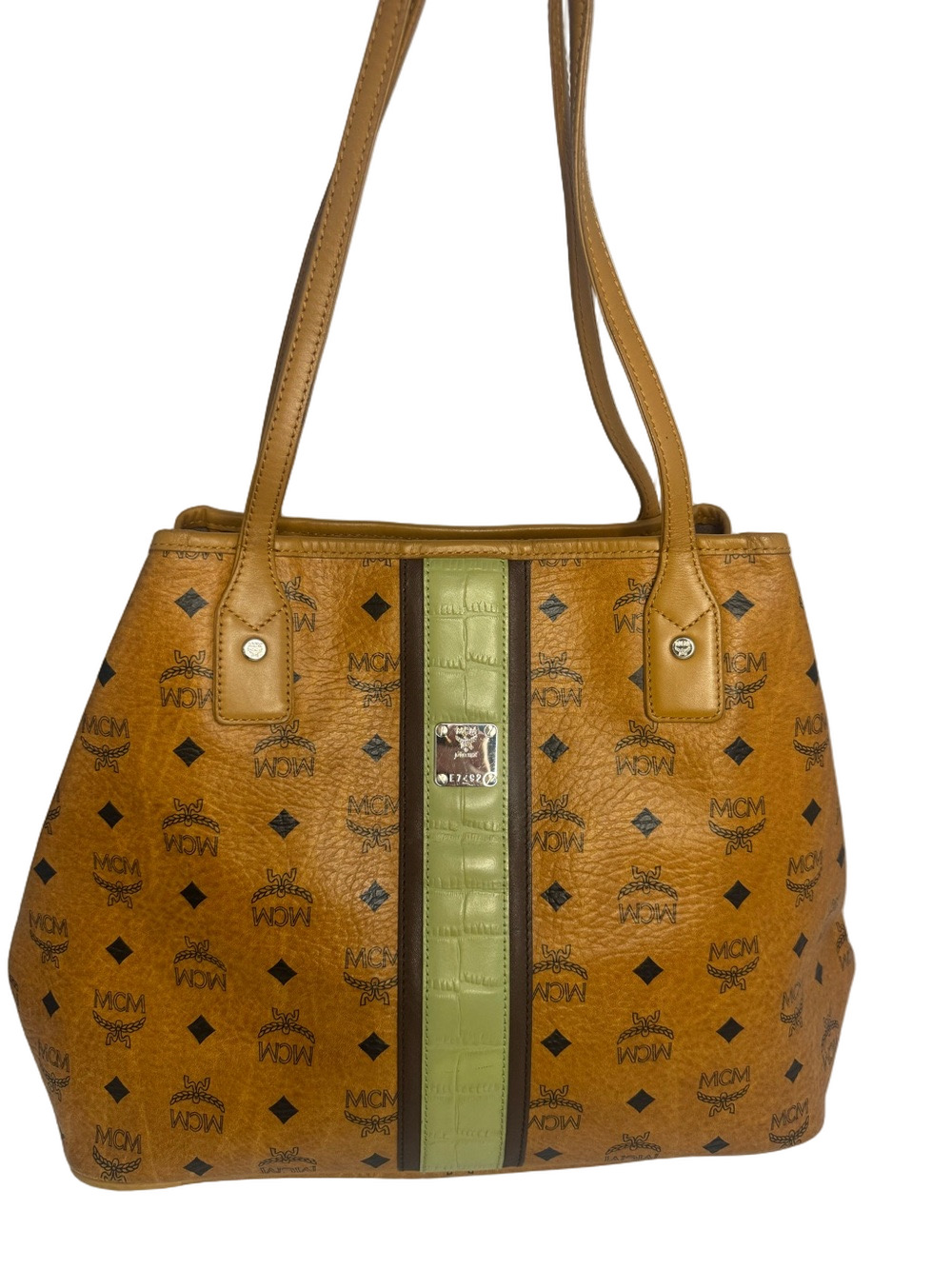 #434 MCM Liz Shopper Tote Cognac Visetos w/ Green Croc Stripe